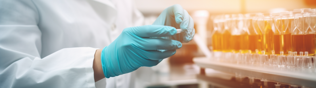 healthcare employee wearing nitrile gloves and checking samples