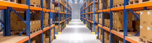 warehouse shelves with boxes