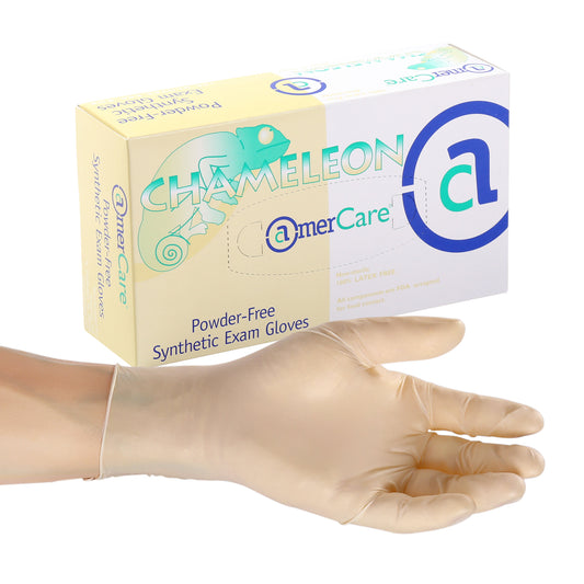 Chameleon Powder Free Vinyl Exam glove on a hand in front of the box of 100