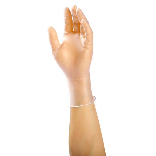 powder free anchor vinyl glove on a hand