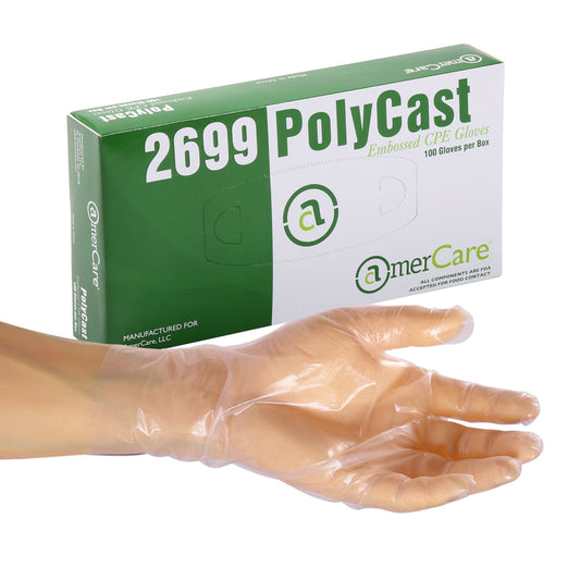 Box of Polycast Powder Free Poly Gloves with a hand modeling a glove in front