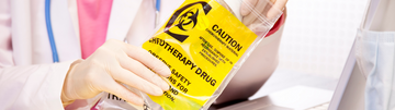 Doctor wearing ASTM D6978 approved gloves and handing a chemo bag