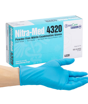 Box of Nitra-Med  nitrile gloves with a hand wearing one in front