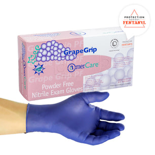 Inner box of Grape Grip Gloves with a hand modeling the glove in front