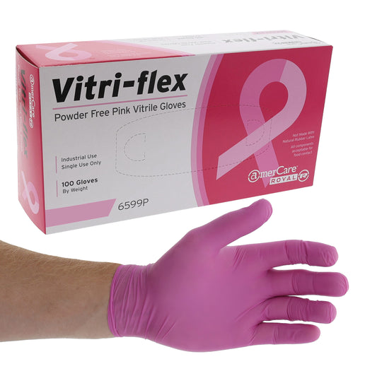 Pink Vitra-Flex Glove on a hand in front of a pack of 100