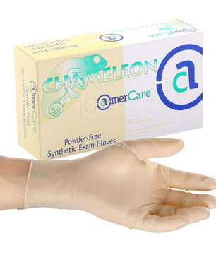Chameleon Powder Free Vinyl Exam glove on a hand in front of the box of 100