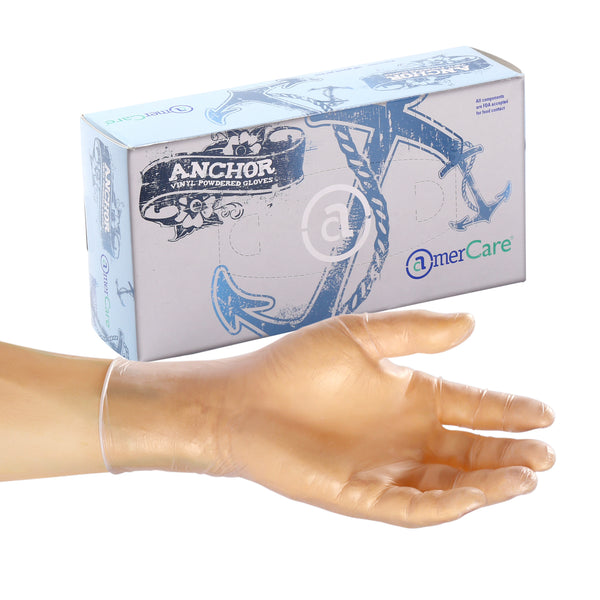 Anchor lightly powdered vinyl glove on a hand in front of the box of 100