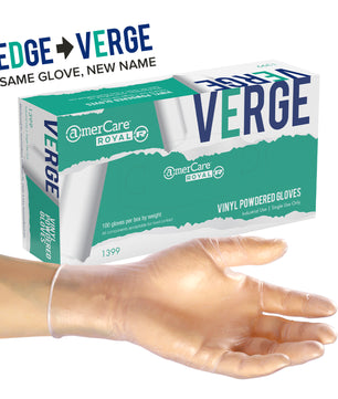 Verge Powdered Vinyl Glove on a hand in front of a box of 100