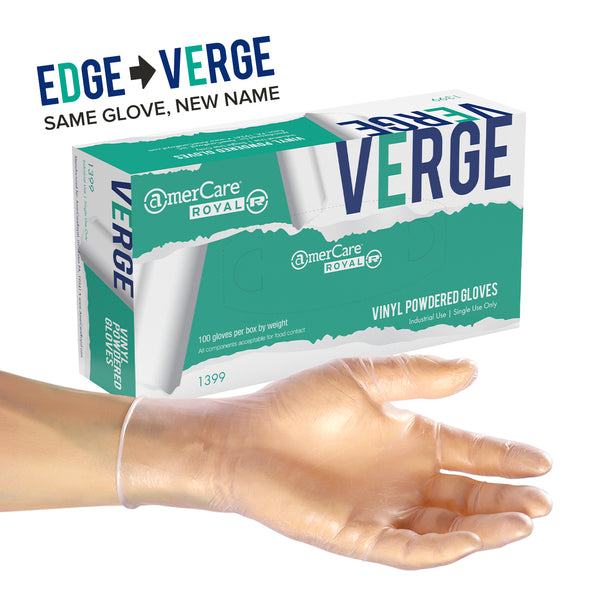 Verge Powdered Vinyl Glove on a hand in front of a box of 100
