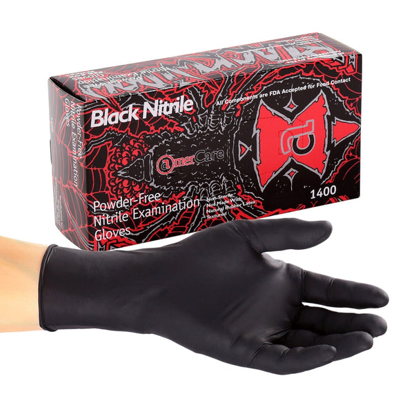 AmerCare Nitrile Gloves X-Small Black Widow Powder Free Nitrile Medical Exam Gloves