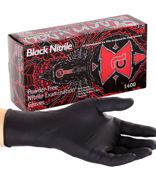 Black Widow powder free nitrile glove in front of the inner box of 100