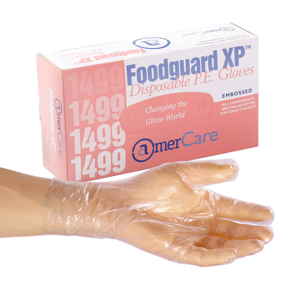 Box of FoodGuard XP Powder Free Poly gloves with a hand modeling a glove in front