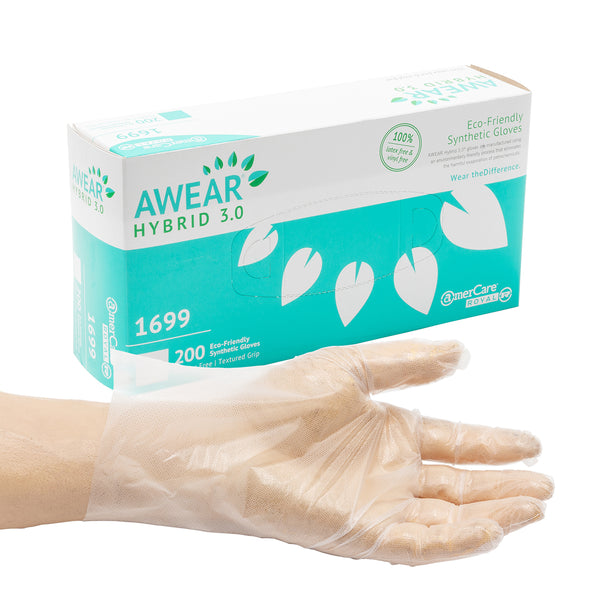 Box of AWEAR Eco-Friendly Powder Free Hybrid Gloves with a hand modeling a glove in front