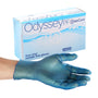 Odyssey Blue Powder Free Vinyl Glove on a hand in front of a box of 100