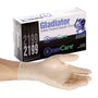 Gladiator Stretch Powdered Vinyl Glove on a hand in front of a box of 100