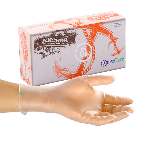 powder free anchor vinyl glove on a hand in front of the inner box of 100