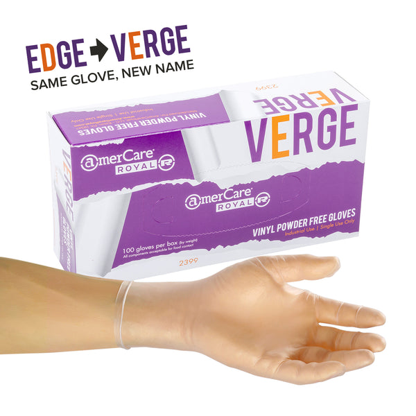 Verge Powder Free Vinyl Glove on a hand in front of a box of 100