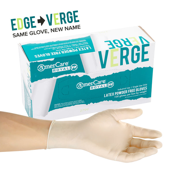 Box of Verge Powder Free Latex Gloves with a hand modeling a glove in front