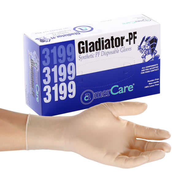 Gladiator Stretch Powder Free Vinyl Glove on a hand in front of a box of 100