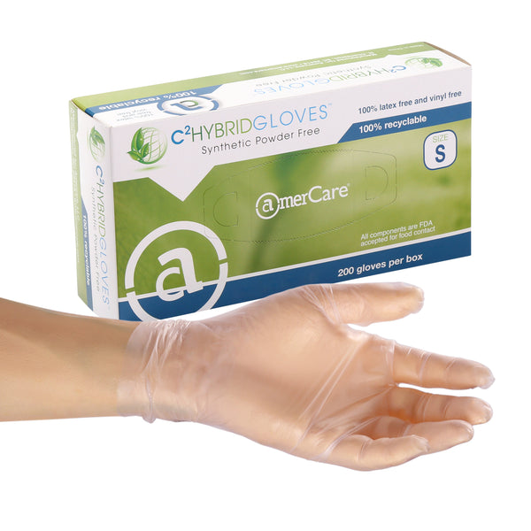 Box of C2 Hybrid Powder Free 2.0 Hybrid Gloves with a hand modeling a glove in front