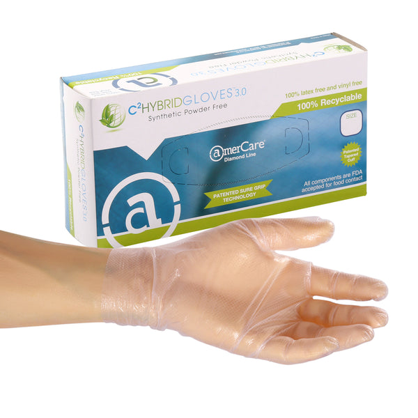 Box of C2 Hybrid Powder Free 3.0 Hybrid Gloves with a hand modeling a glove in front