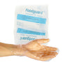 Box of FoodGuard Powder Free Poly Gloves with a hand modeling a glove in front of a package of gloves