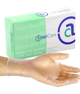 Sensi-Flex Powder Free Vinyl Exam Glove on a hand in front of a box of 100