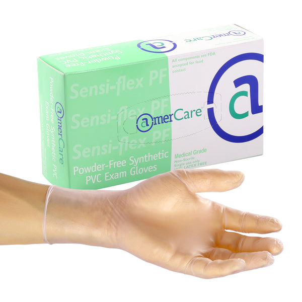 Sensi-Flex Powder Free Vinyl Exam Glove on a hand in front of a box of 100