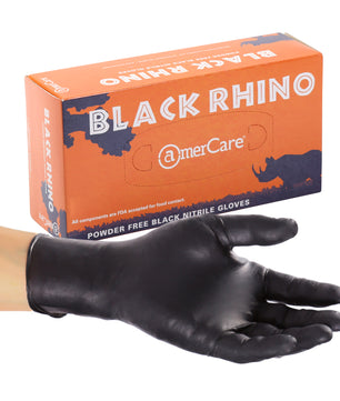 Box of black rhino nitrile gloves with a hand modeling a glove in front