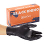 Box of black rhino nitrile gloves with a hand modeling a glove in front