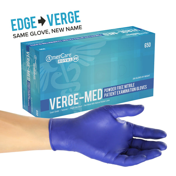 Inner box of verge med powder free nitrile exam gloves with a hand modeling a single glove in front