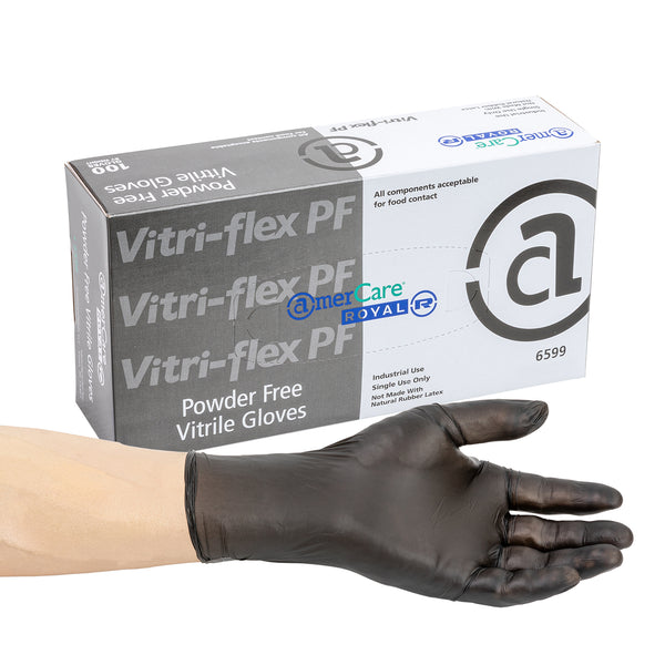 Box ofVitri-Flex Black Powder Free Vitrile Gloves with a hand modeling a glove in front