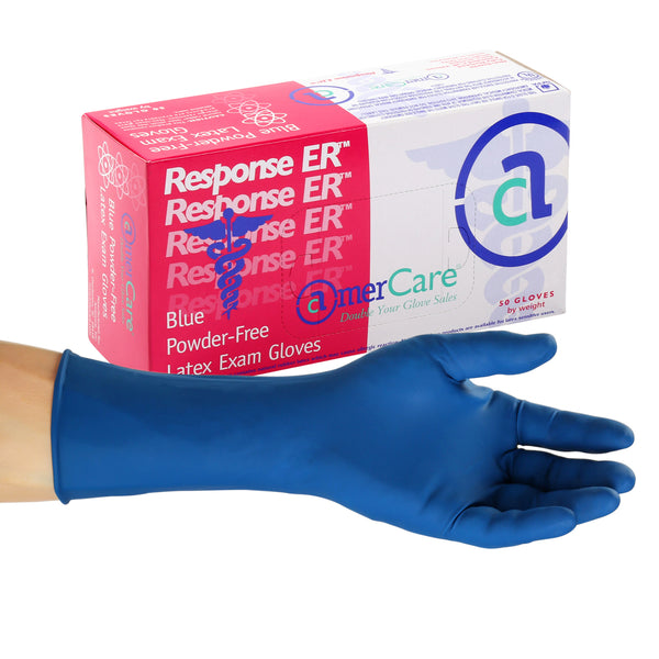 Box of Response ER Powder Free Latex Exam Gloves with a hand modeling a glove in front