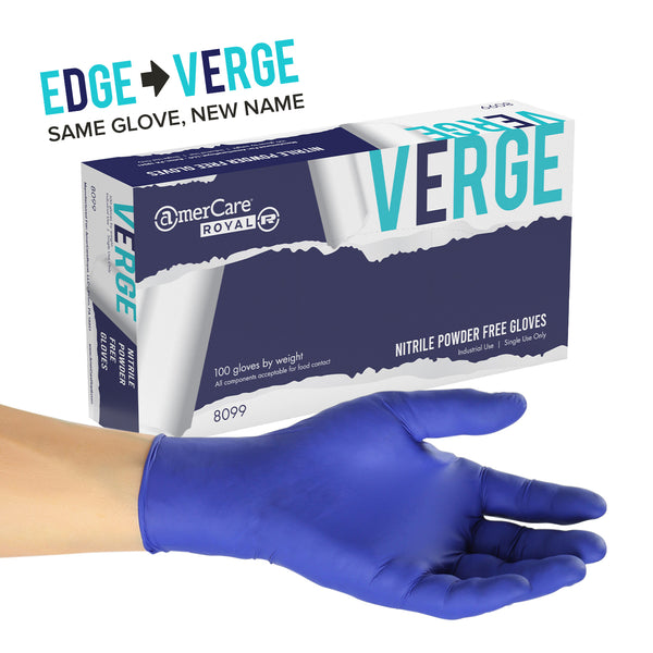 Box of blue verge powder free nitrile gloves with a hand modeling one in front