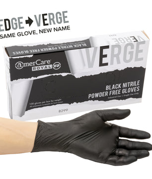 Verge black nitrile gloves box of 100 and hand wearing one in front
