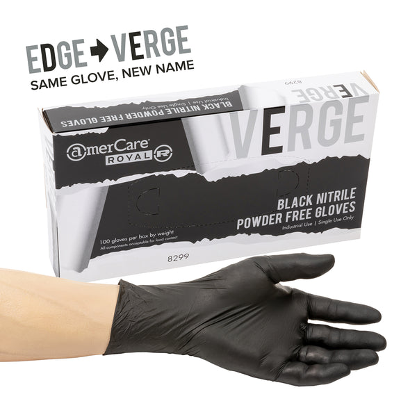 Verge black nitrile gloves box of 100 and hand wearing one in front